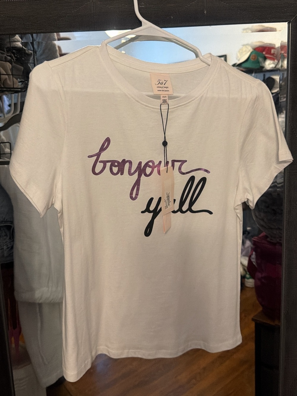 cinq a sept White Graphic 'bonjour y'all' Tee with Purple and Black Script